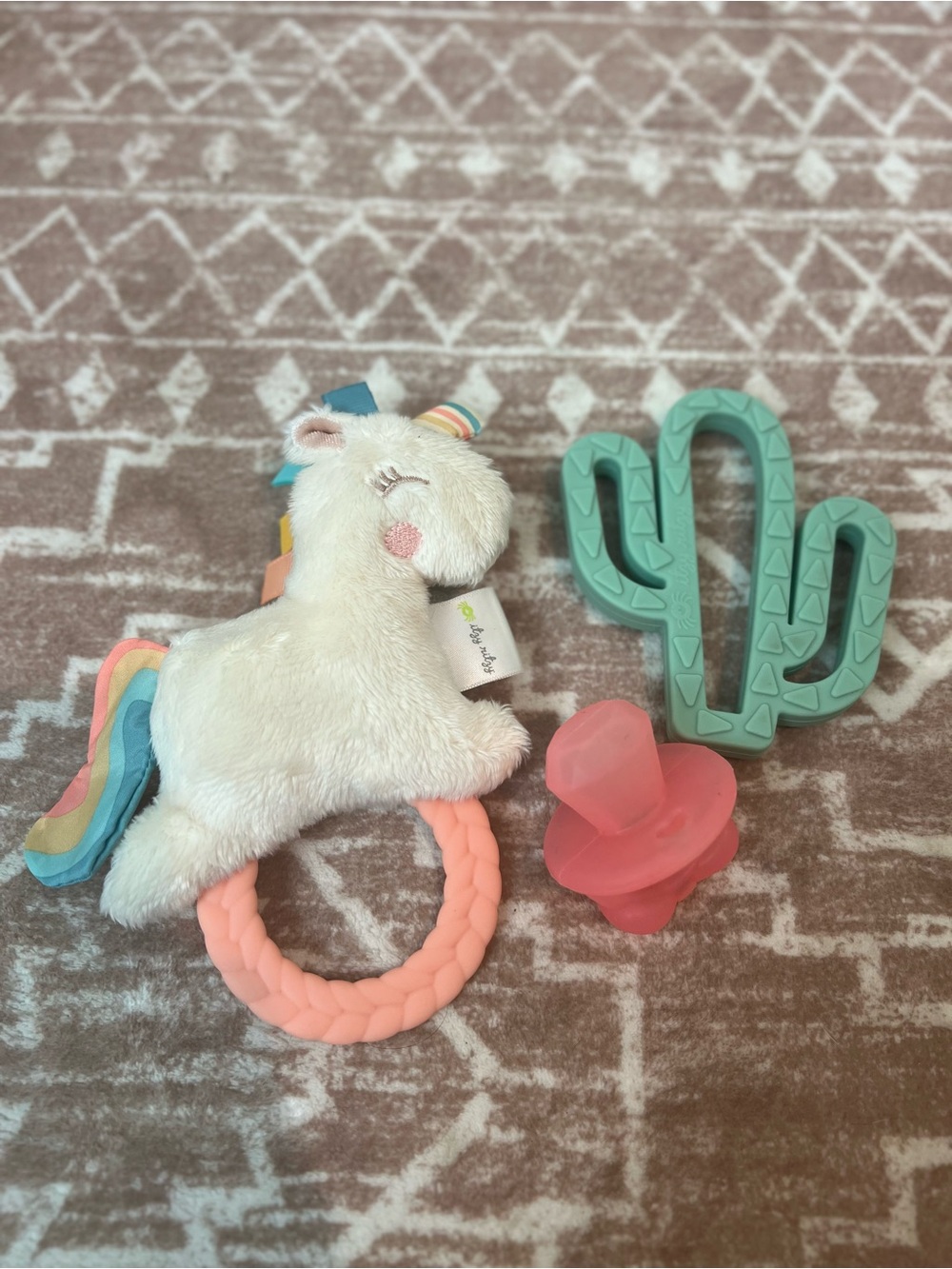 Itzy Ritzy Unicorn Plush Teether with Pink Silicone Ring and Mint Cactus Teether